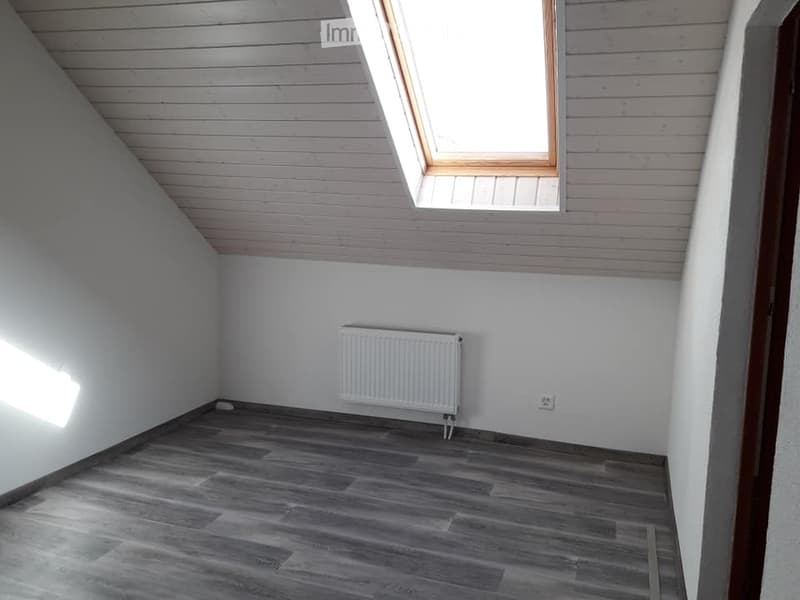 Empty attic room with wooden flooring, white walls, and a skylight window. A radiator is mounted on one wall.