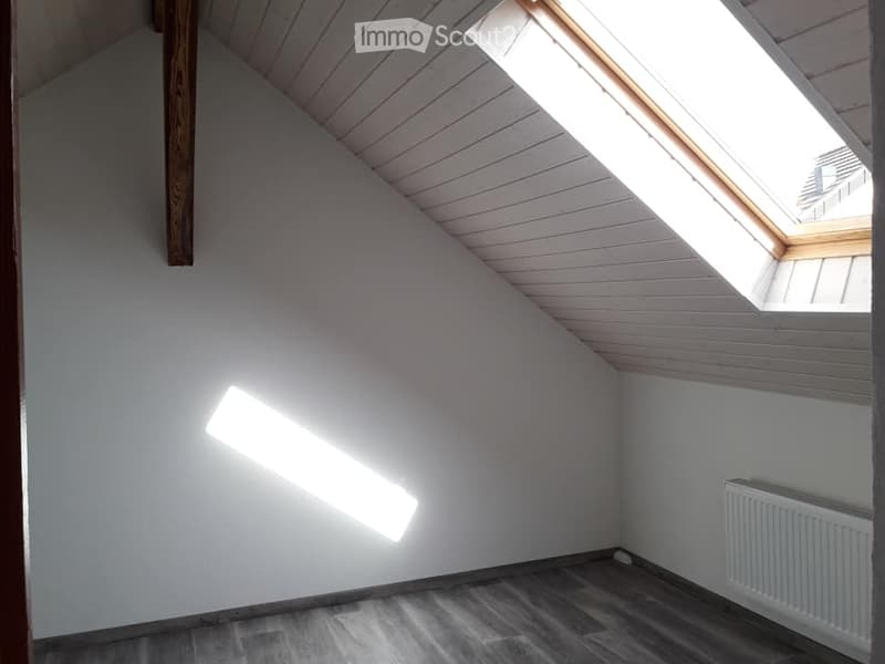 Empty attic room with wooden floor, white walls, skylight window, and radiator.