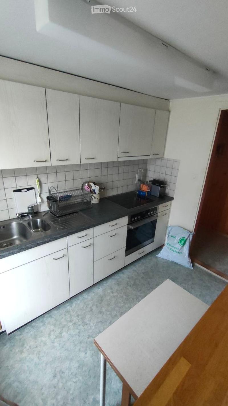 Modern kitchen with white cabinets, stainless steel sink, oven, and countertop. Includes a dish rack, blender, and a small table.