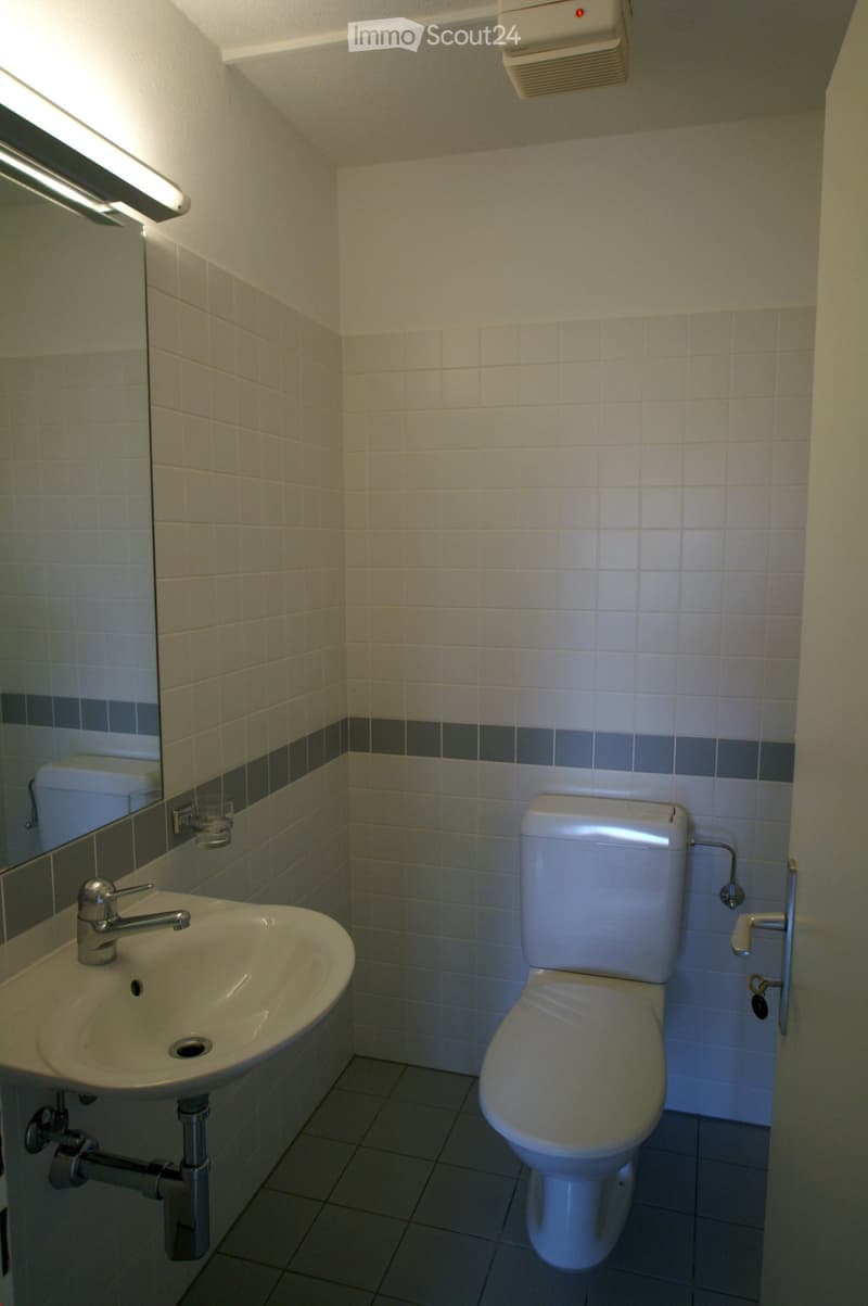 Small bathroom with white tiled walls, a toilet, a sink with a chrome faucet, and a mirror above the sink.