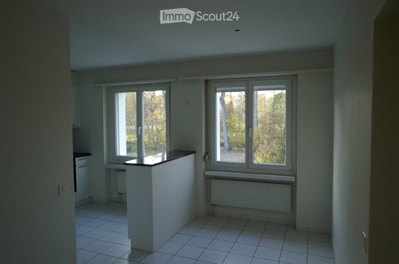 Empty room with tiled floor, white walls, and large windows offering a view of trees. No furniture or equipment present.