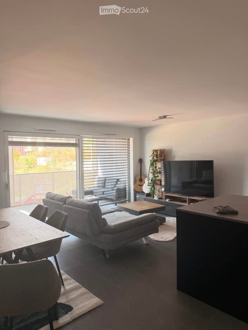 Modern living room with a grey sectional sofa, coffee table, dining table with chairs, TV, guitars, and a balcony with outdoor seating.