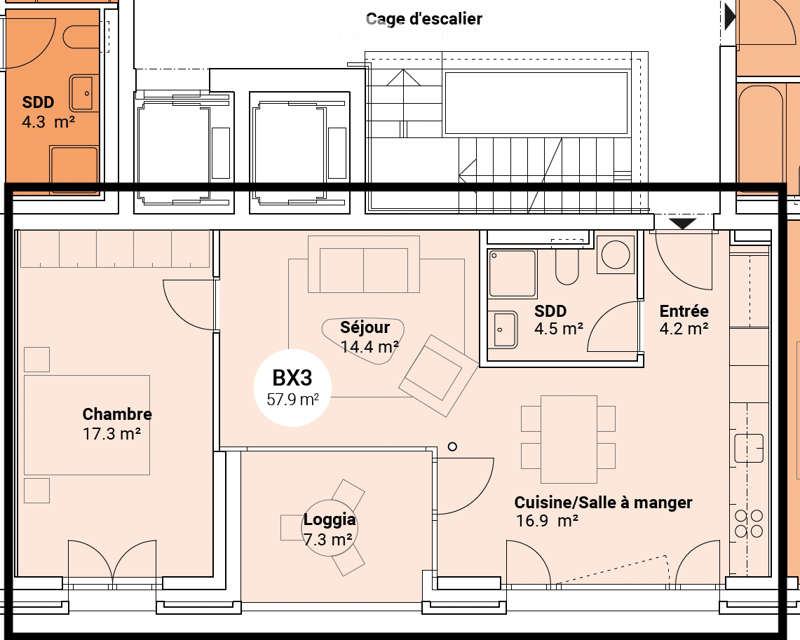 Floor plan showing a two-story layout with living room, kitchen/dining area, bedroom, hallway, and two bathrooms.