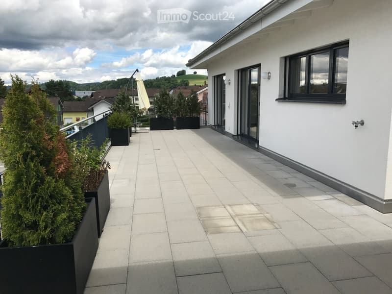 Balcony with tiled floor, black planters with greenery, glass sliding doors to the building, and a view of the surrounding landscape.