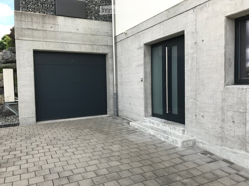 Modern concrete building with a black garage door and a glass entrance door, featuring a paved brick driveway and steps leading to the entrance.