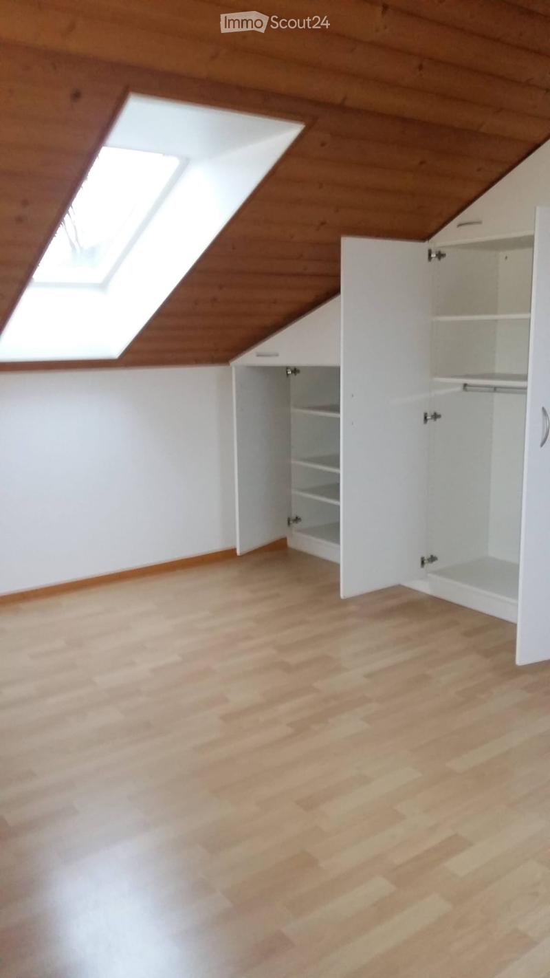 Empty attic space with wooden flooring, white walls, built-in white closet with open shelves, and a skylight window.