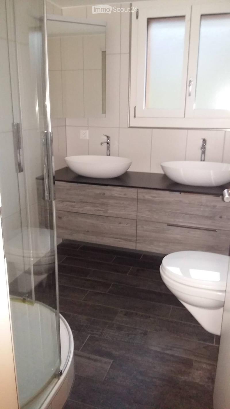 Modern bathroom with dark tiled floor, double sink vanity with wooden cabinetry, and a toilet. Features a glass-enclosed shower area.