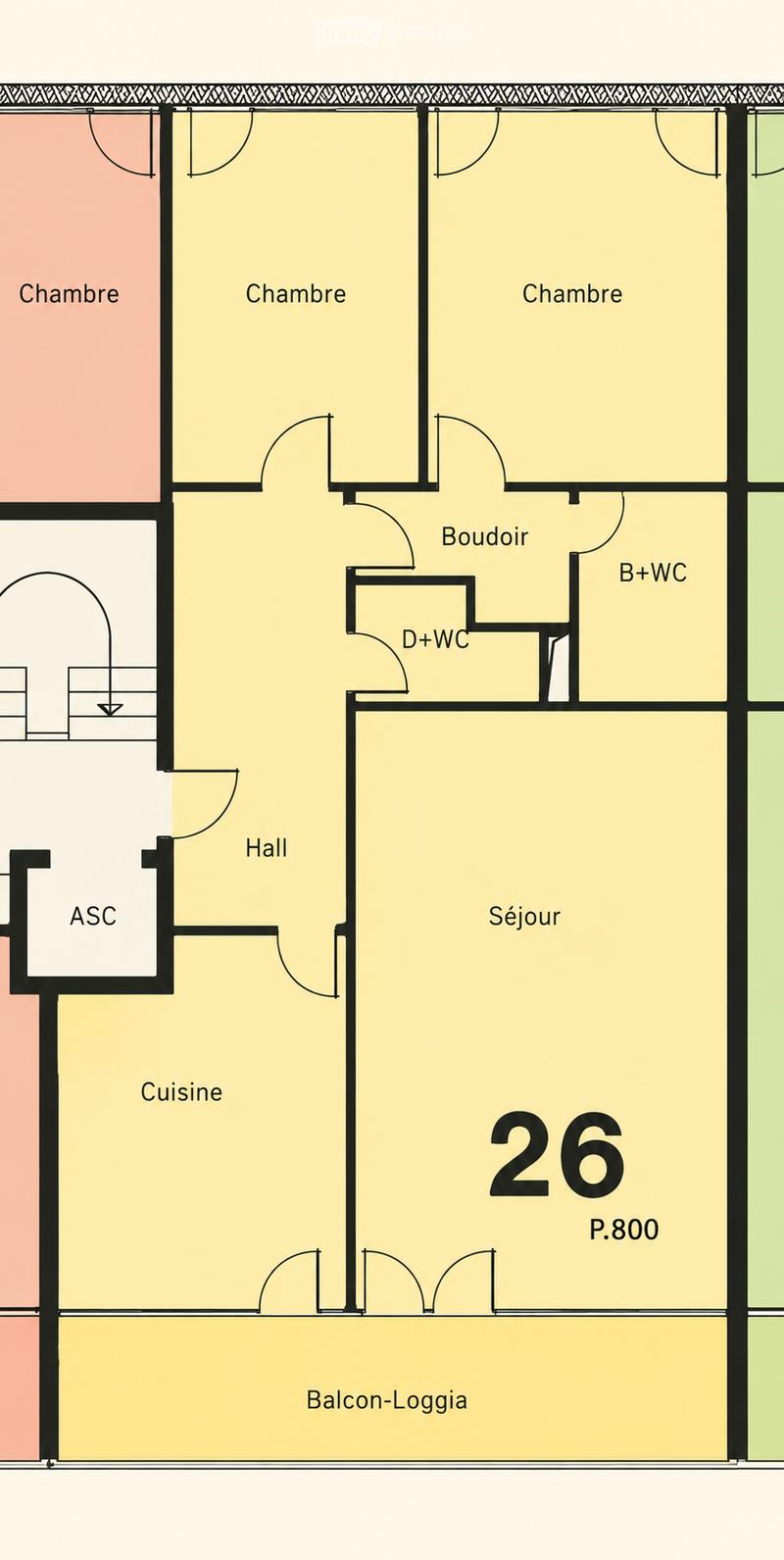 Floor plan showing a layout with three bedrooms, a living room, a kitchen, a hallway, a bathroom, and a balcony-loggia.