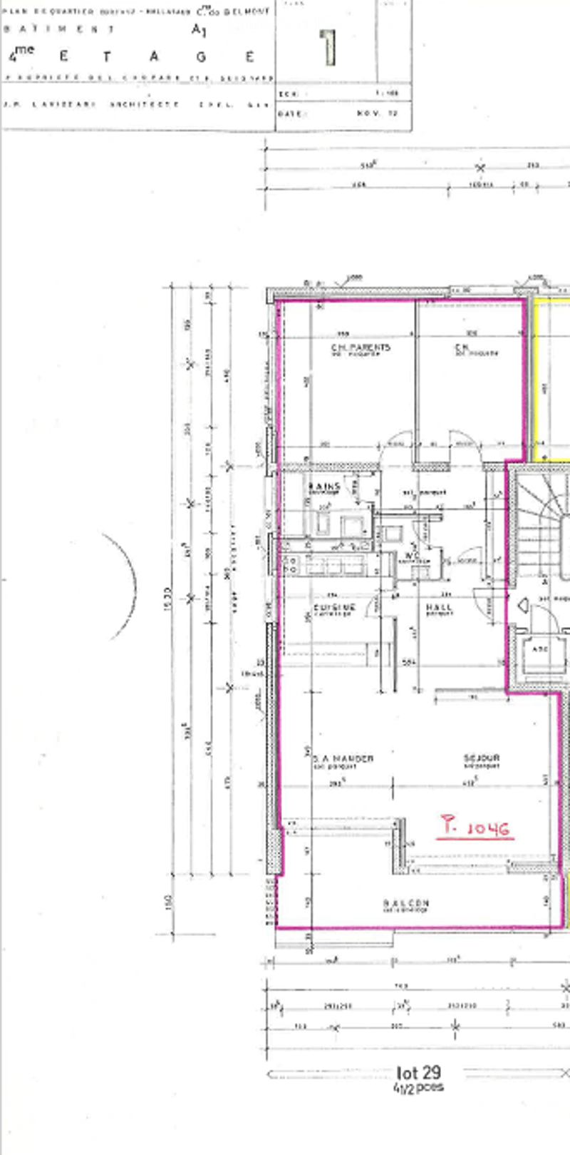 Floor plan of a residential building showing multiple rooms including living room, kitchen, bedrooms, bathrooms, and a hallway.