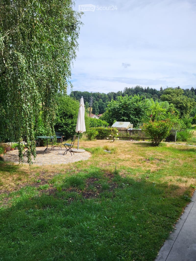 Garden with a seating area featuring a table, chairs, and an umbrella, surrounded by trees and greenery.