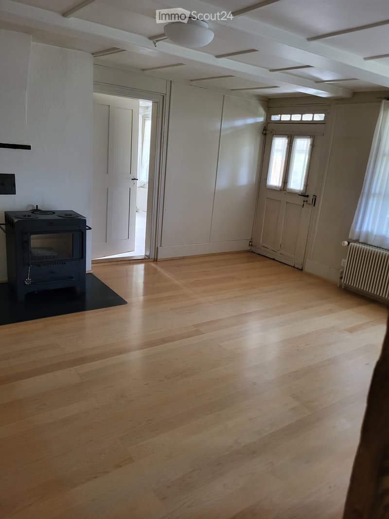 Empty room with wooden flooring, white walls, and a black wood-burning stove. There are two doors and a window with white curtains.