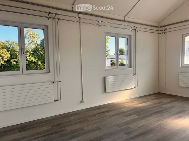 Empty room with wooden flooring, white walls, and multiple windows with radiators beneath them.