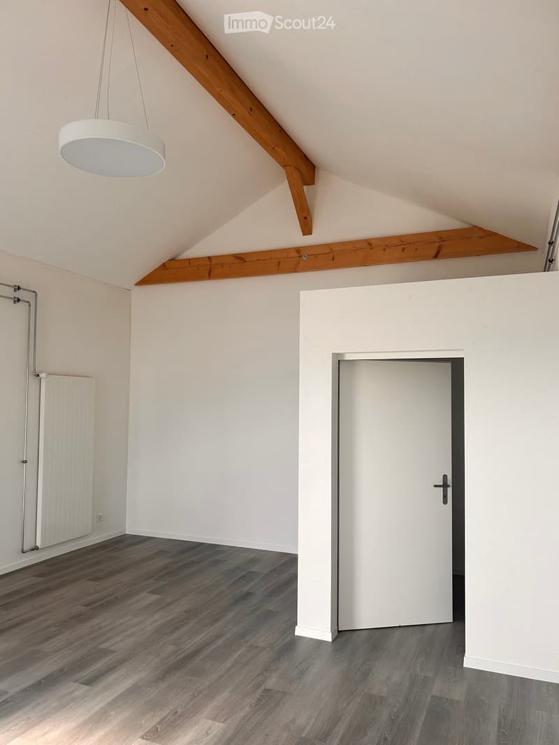 Empty attic room with wooden beams, white walls, dark wooden flooring, a white pendant light, and a white door leading to another space.