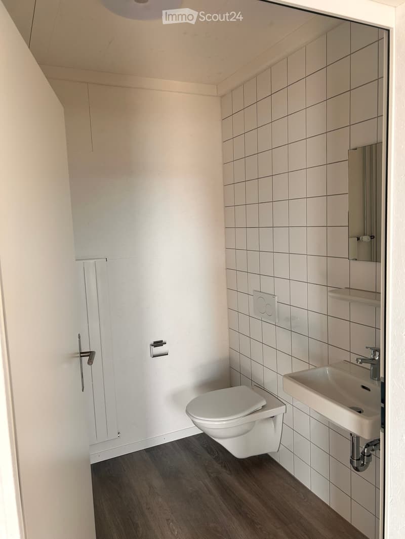 Modern bathroom with white tiled walls, a toilet, a sink with a chrome faucet, and a mirror above the sink. The floor is dark wood.