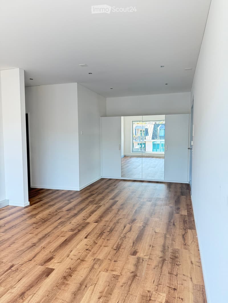 Empty room with light-colored walls, wooden flooring, and a large mirrored closet. The room has a modern design with recessed lighting and a view of a balcony through the mirrored closet.
