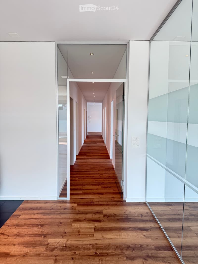 Modern hallway with wooden flooring, white walls, and glass partitions leading to another area.