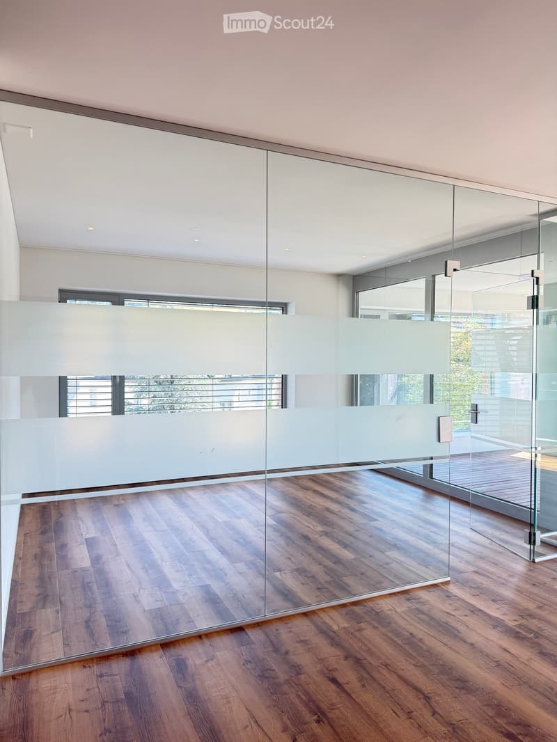 Modern hallway with wooden flooring, large glass partitions, and recessed lighting.
