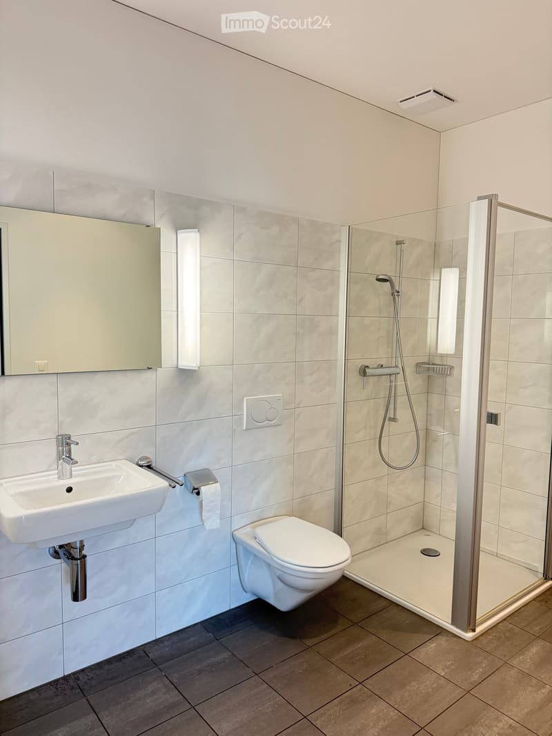 Modern bathroom with a white sink, toilet, glass-enclosed shower, and a large mirror. Light-colored tiles and a dark wooden floor.