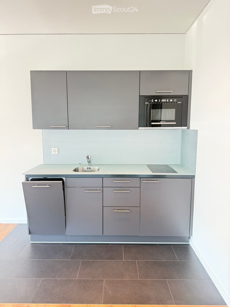 Modern kitchen with grey cabinets, a sink, an oven, and a countertop.