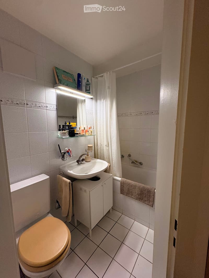 Small bathroom with a toilet, sink, mirror, and shower. Includes a towel, cabinet, and toothbrush holder.