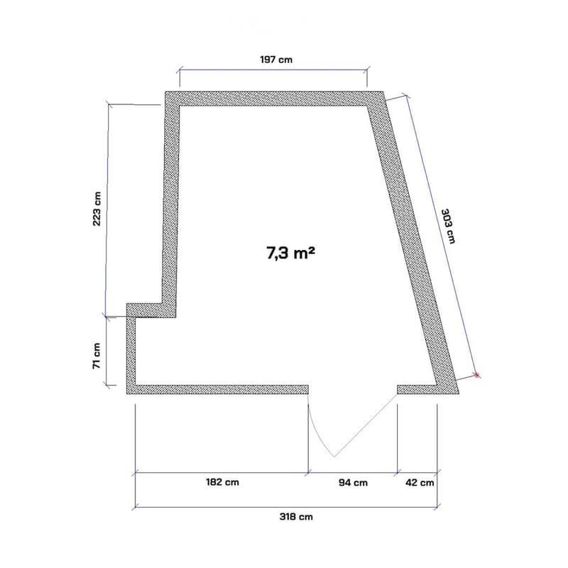 Floor plan of a room with dimensions labeled: 7.3 m² area, 197 cm width, 223 cm height, 303 cm depth, 71 cm side depth, 182 cm base width, 94 cm middle width, 42 cm narrow width, and 318 cm total length.