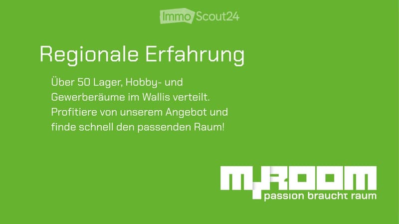 Green background with white text promoting regional experience and commercial spaces, featuring the logo "M+ROOM passion braucht raum".