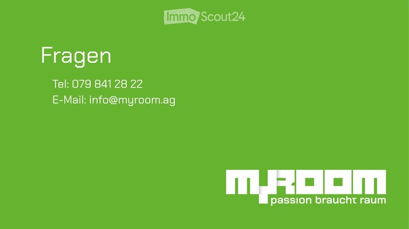 Green background with text in German, including contact information and a logo for 'myroom passion braucht raum'.