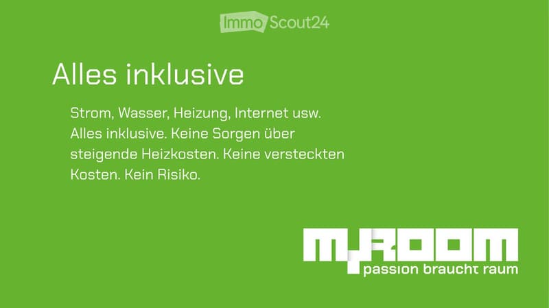 Green background with white text promoting an all-inclusive service, including utilities and internet, with the logo of M+ROOM at the bottom.