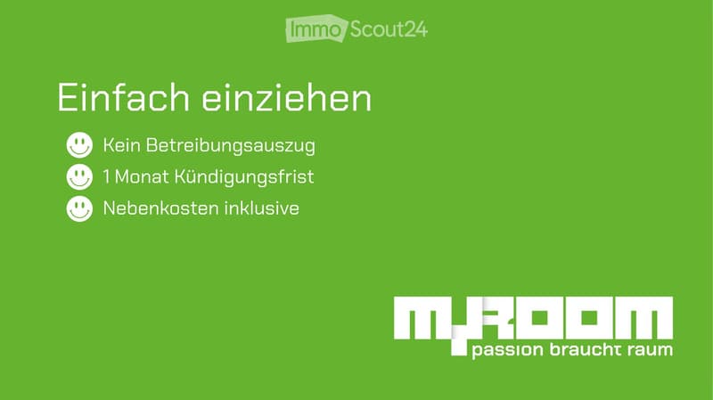 Green background with German text promoting rental benefits and the MÖROM logo at the bottom.