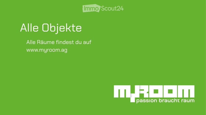 Green background with white text and logo for 'myroom' website, promoting room objects and spaces.