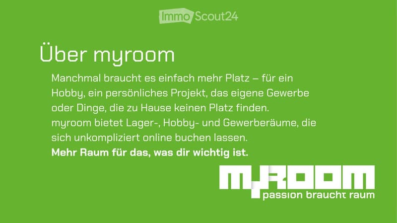 Green background with white text and logo for 'myroom', promoting storage, hobby, and business spaces available for online booking.