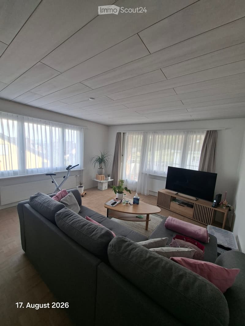 Modern living room with grey sectional sofa, wooden coffee table, flat-screen TV on wooden stand, exercise bike, and potted plants near windows.