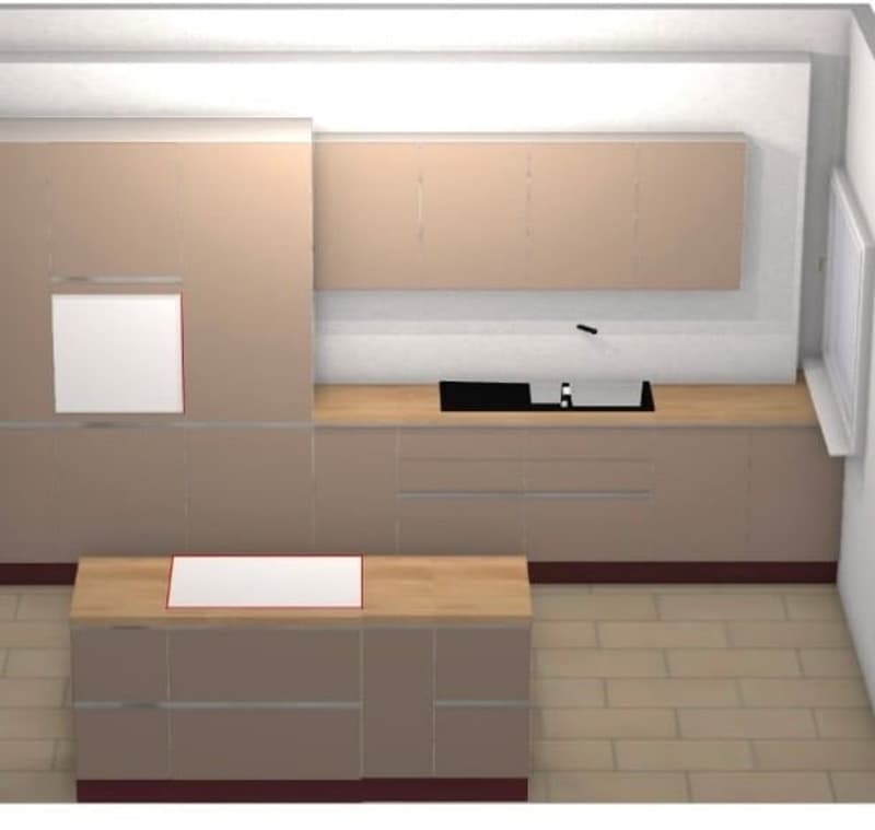 Modern kitchen with light wood cabinets, stainless steel sink, and a countertop island.