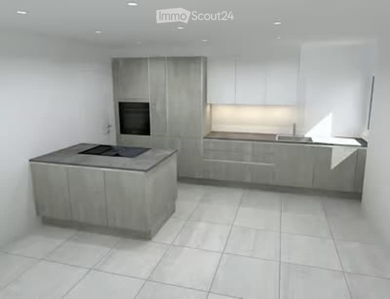 Modern kitchen with a central island, built-in cabinets, and a stove. The space features white tiled flooring and walls, with sleek, contemporary design elements.