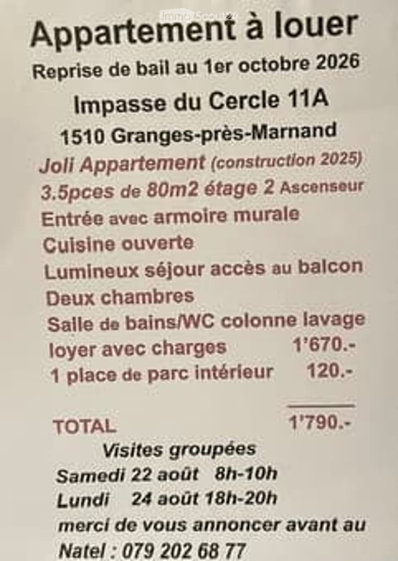 Rental advertisement for a 3.5-room apartment in Mandelieu-La-Tourelle, built in 2025, with 80m² area, 2 levels, elevator access, open kitchen, balcony, two bathrooms/WC, laundry column, charges included, and an interior parking space.