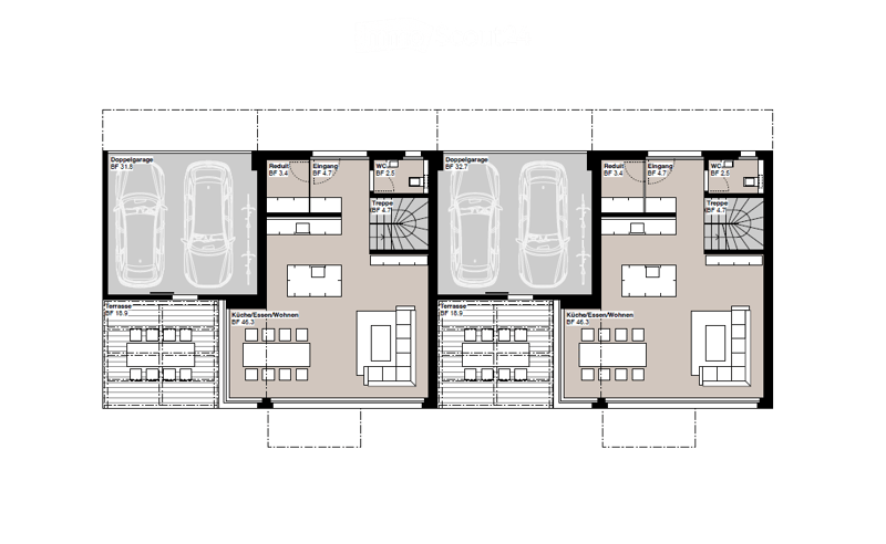 Floor plan showing two double garages, kitchen/dining/living area, bedrooms, bathrooms, and terraces.