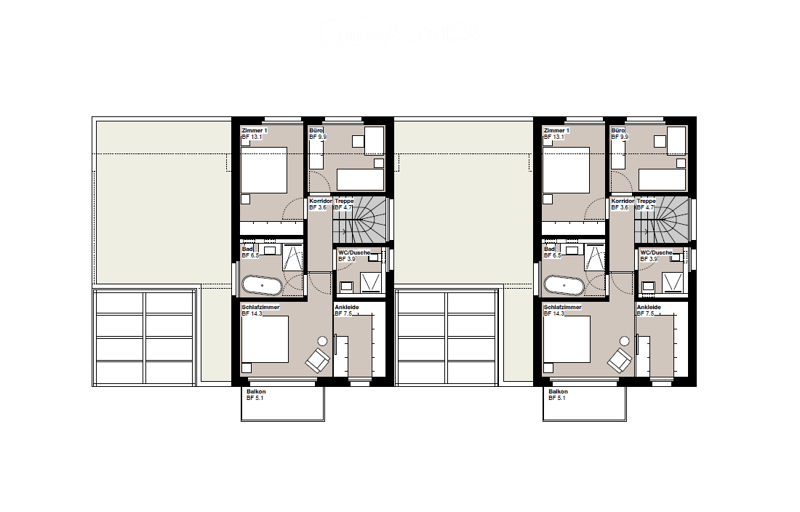 Floor plan of a two-story building with multiple rooms including bedrooms, bathrooms, office, hallway, and balcony.