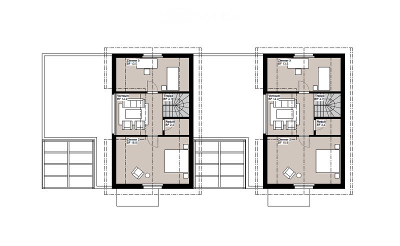 Floor plan showing two apartments with three bedrooms each, living rooms, bathrooms, and staircases.