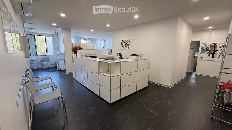 Modern reception area with white reception desk, several chairs, printer, flower vase, and artwork on the walls.
