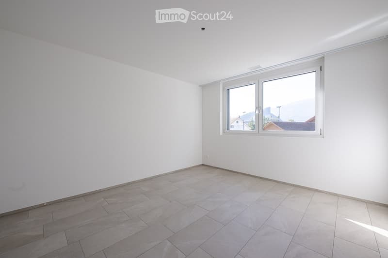 empty room, white walls, tiled floor, large window