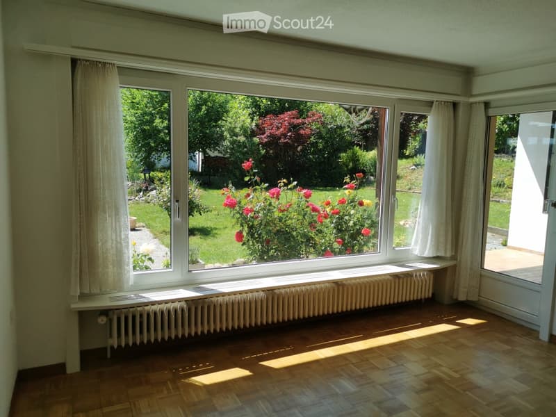 Empty room with large windows overlooking a garden, wooden flooring, radiator, and white walls.