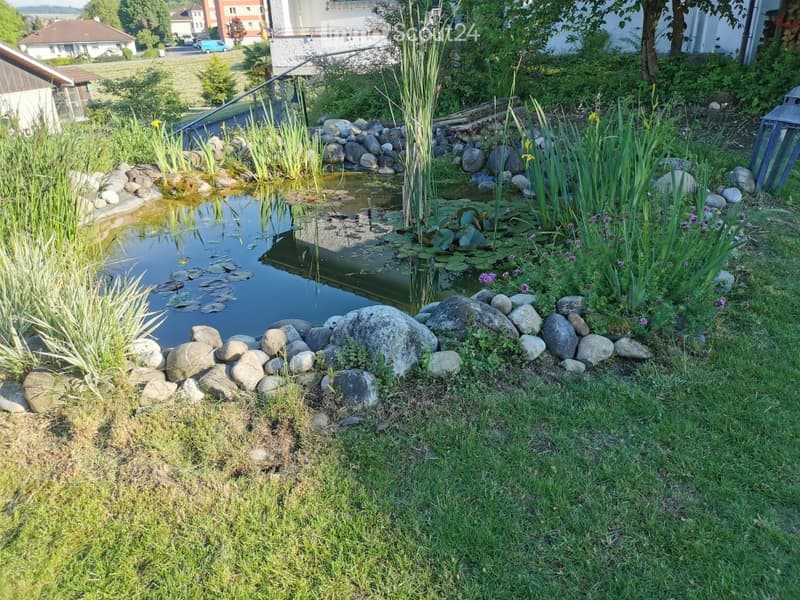A serene garden pond surrounded by tall reeds, rocks, and lush greenery, with a small bridge leading to the other side.
