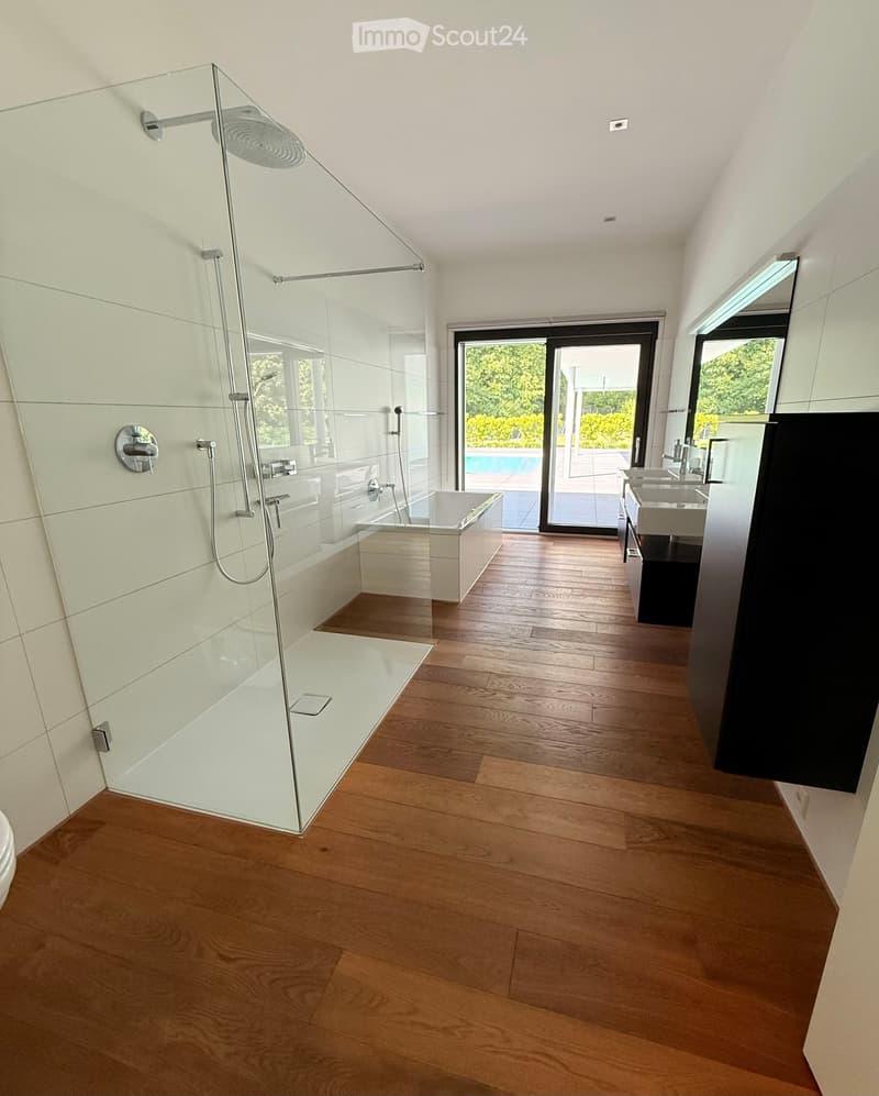 Modern bathroom with wooden flooring, a bathtub, a glass-enclosed shower, and a sink with a faucet.