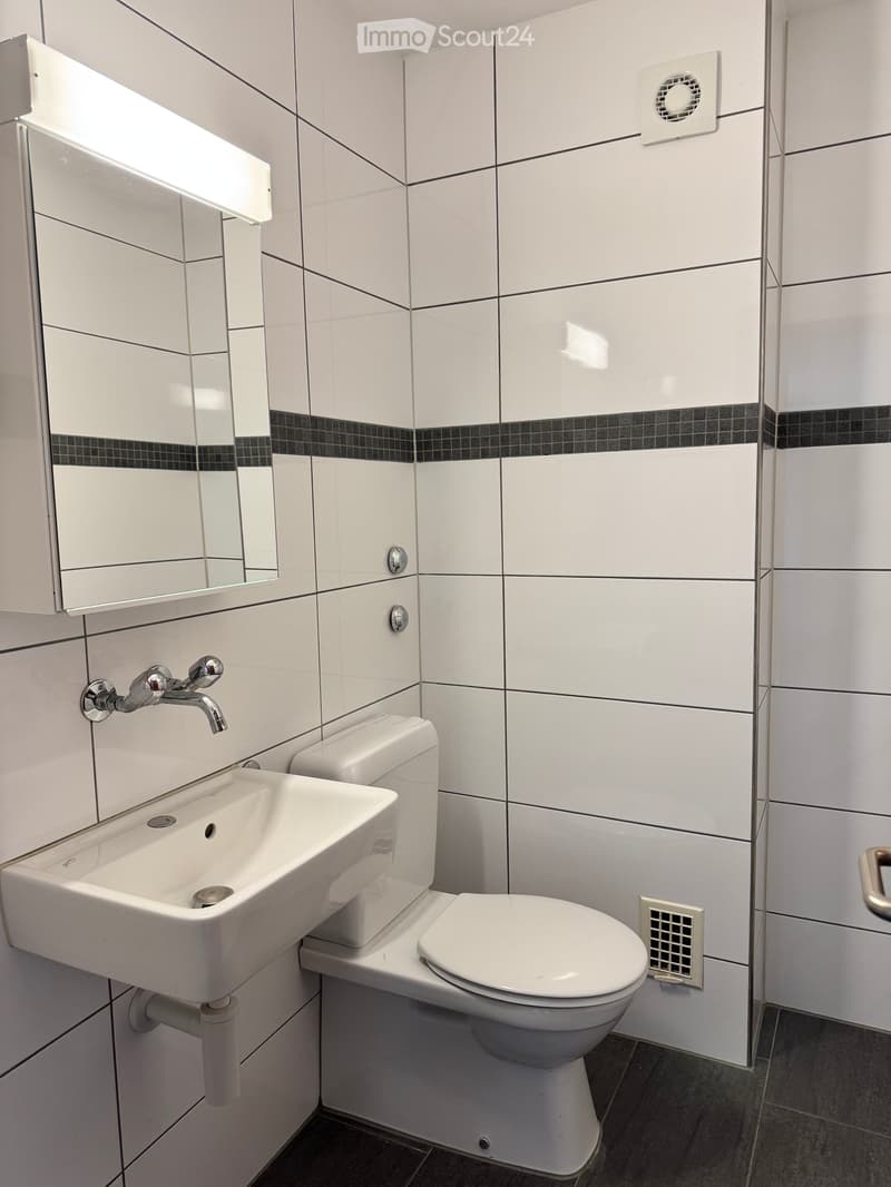 Modern bathroom with white tiles, a sink, toilet, mirror, and cabinet.