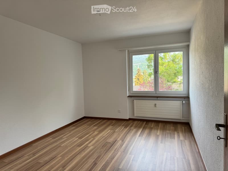 Empty room with wooden flooring, light-colored walls, a window with a view of greenery, and a radiator below the window.