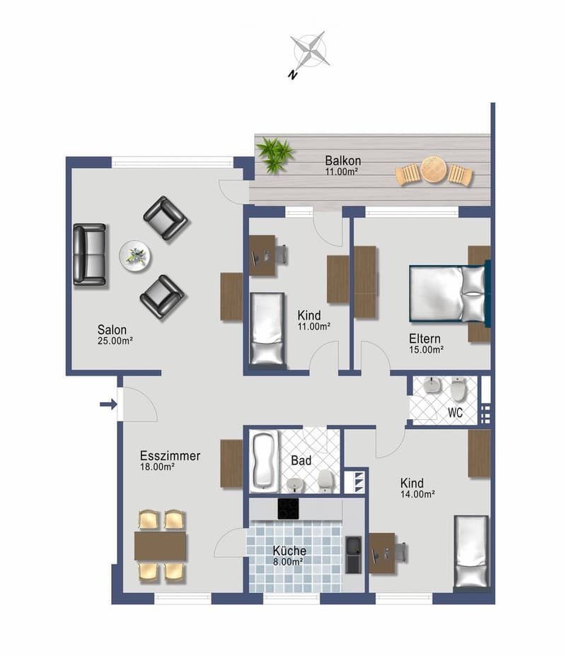 2 bedrooms, 2 bathrooms, salon, dining area, kitchen, balcony, bathroom