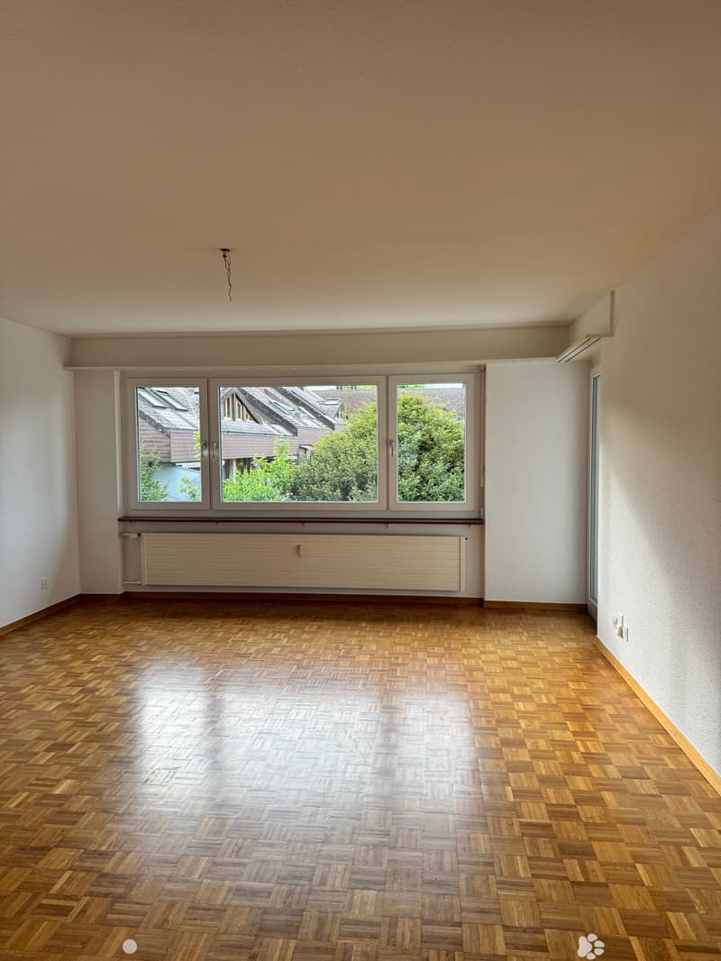 Empty room with wooden herringbone flooring, large windows showing a view of neighboring houses and greenery, and a radiator below the windows.