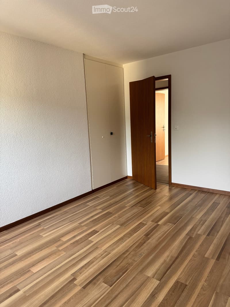 Empty hallway with wooden flooring, light-colored walls, and two doors, one leading to another room.
