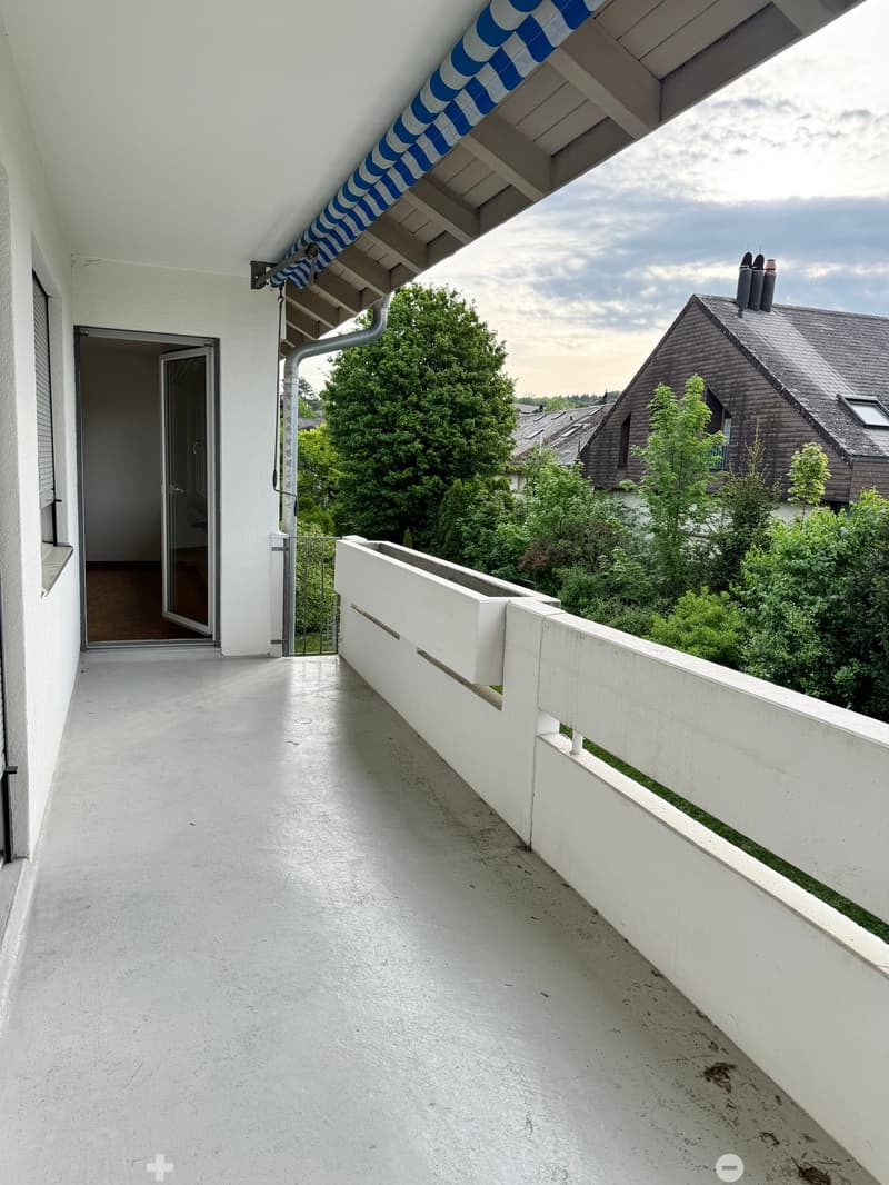 Balcony with white concrete floor, white railing, and a retractable awning. The balcony overlooks a green, tree-filled area with neighboring houses visible in the background.