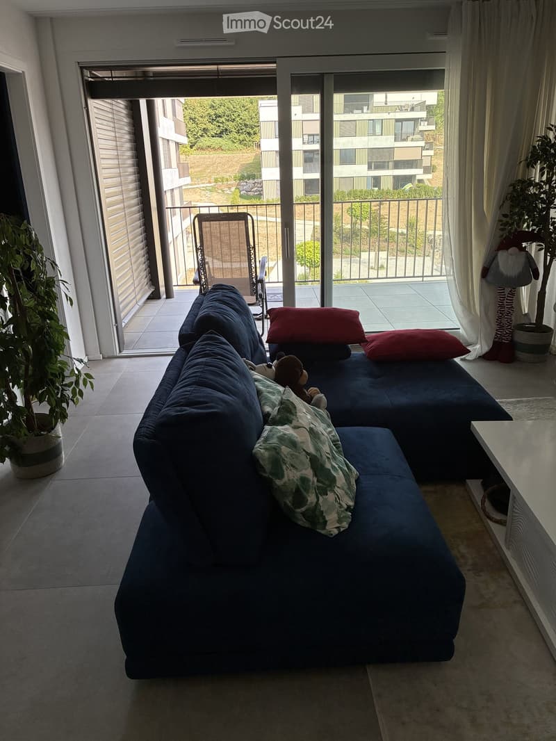 Modern living room with a dark blue sectional sofa, red and green throw pillows, a small white table, and potted plants near large sliding glass doors leading to a balcony.